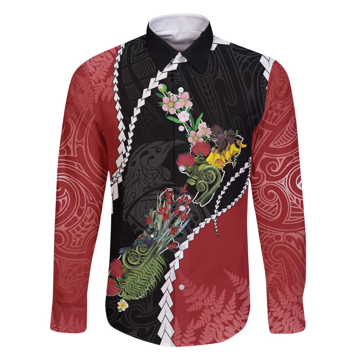 New Zealand Christmas Family Matching Off The Shoulder Long Sleeve Dress and Hawaiian Shirt Flora Map with Birds LT7 Dad's Shirt - Long Sleeve Black - Polynesian Pride