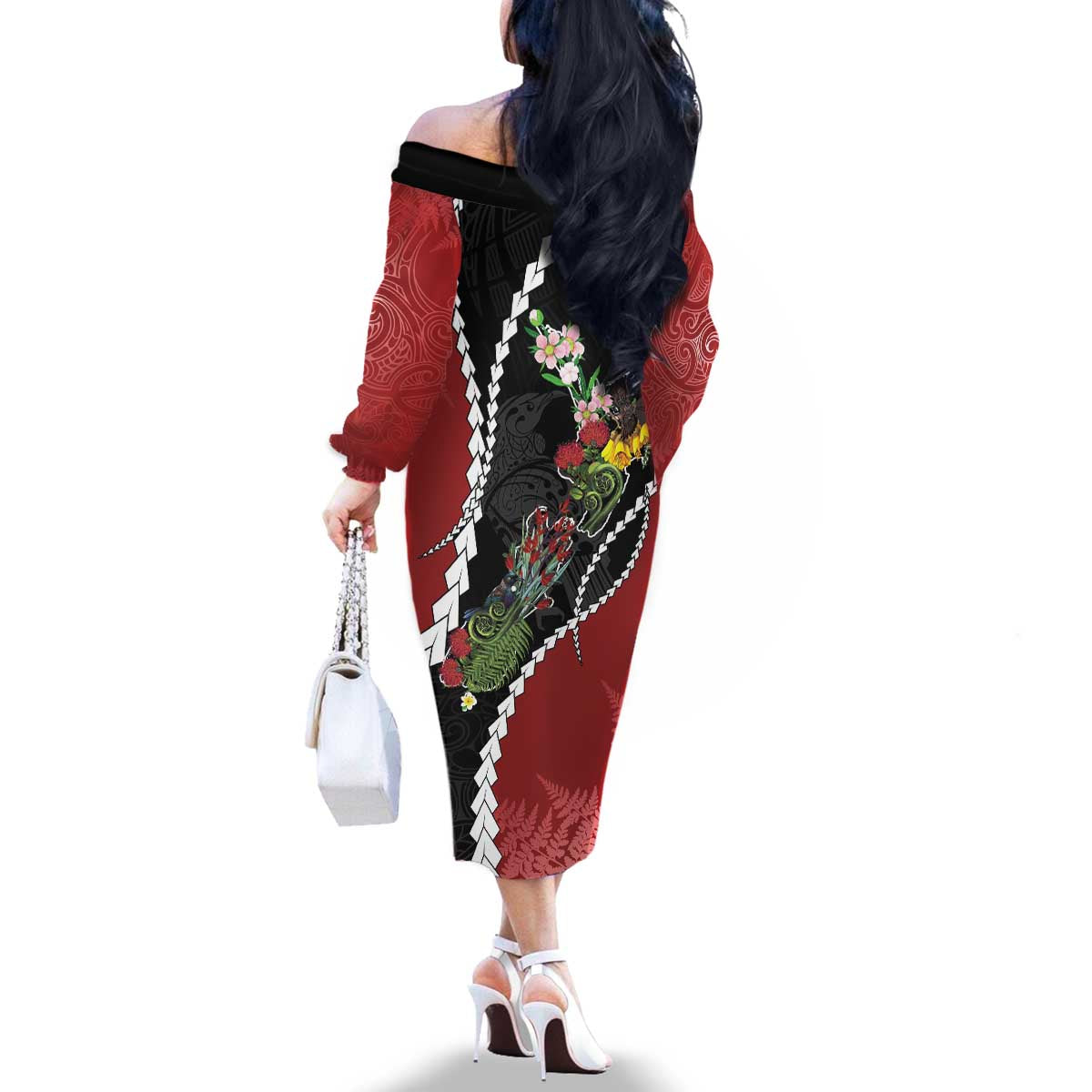 New Zealand Christmas Family Matching Off The Shoulder Long Sleeve Dress and Hawaiian Shirt Flora Map with Birds LT7 - Polynesian Pride