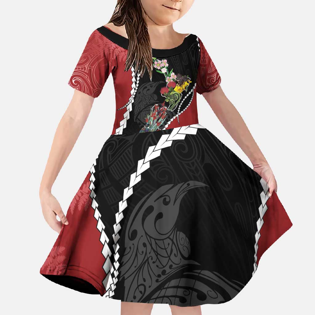 New Zealand Christmas Family Matching Off Shoulder Maxi Dress and Hawaiian Shirt Flora Map with Birds LT7 Daughter's Dress Black - Polynesian Pride
