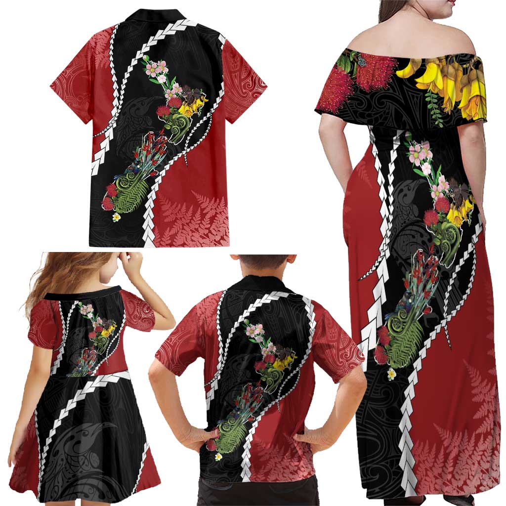 New Zealand Christmas Family Matching Off Shoulder Maxi Dress and Hawaiian Shirt Flora Map with Birds LT7 - Polynesian Pride