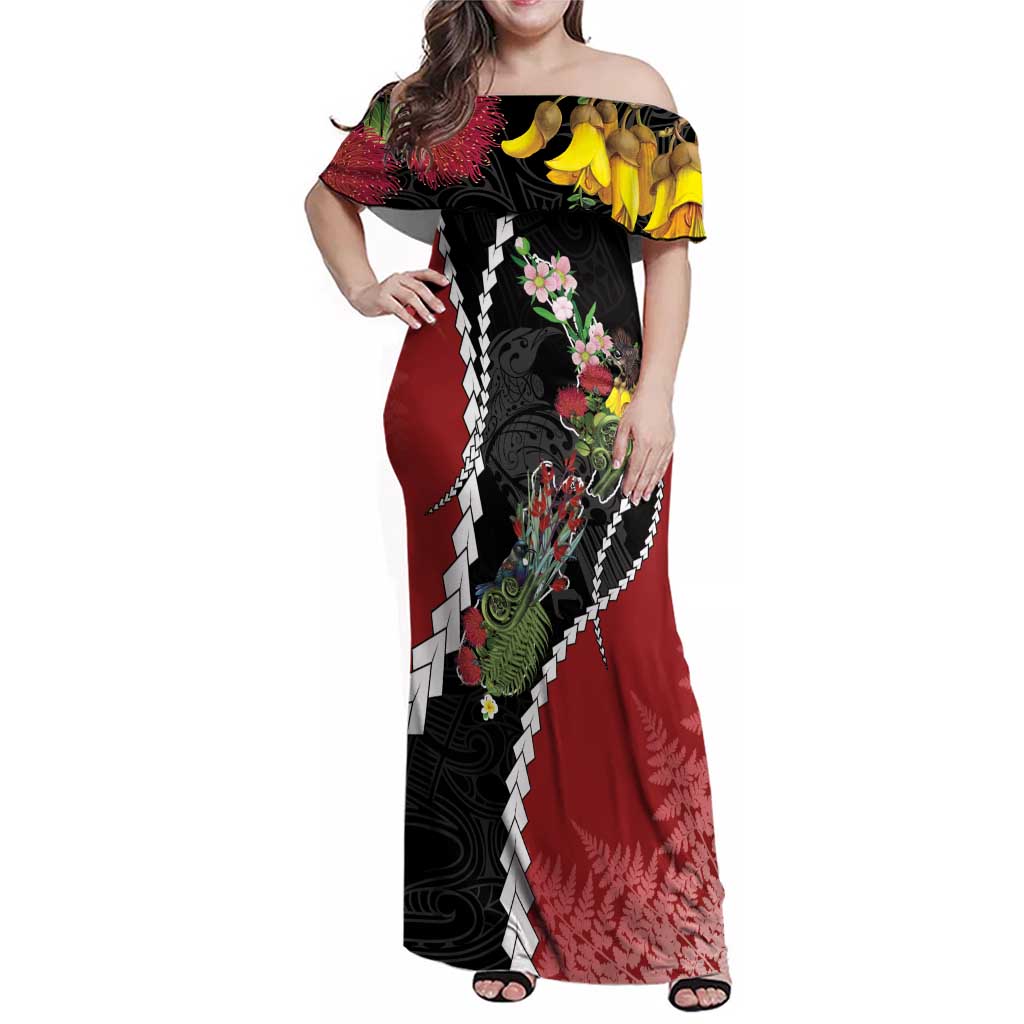 New Zealand Christmas Family Matching Off Shoulder Maxi Dress and Hawaiian Shirt Flora Map with Birds LT7 Mom's Dress Black - Polynesian Pride