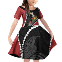 New Zealand Christmas Family Matching Off Shoulder Short Dress and Hawaiian Shirt Flora Map with Birds LT7 Daughter's Dress Black - Polynesian Pride