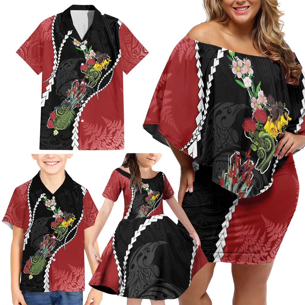 New Zealand Christmas Family Matching Off Shoulder Short Dress and Hawaiian Shirt Flora Map with Birds LT7 - Polynesian Pride