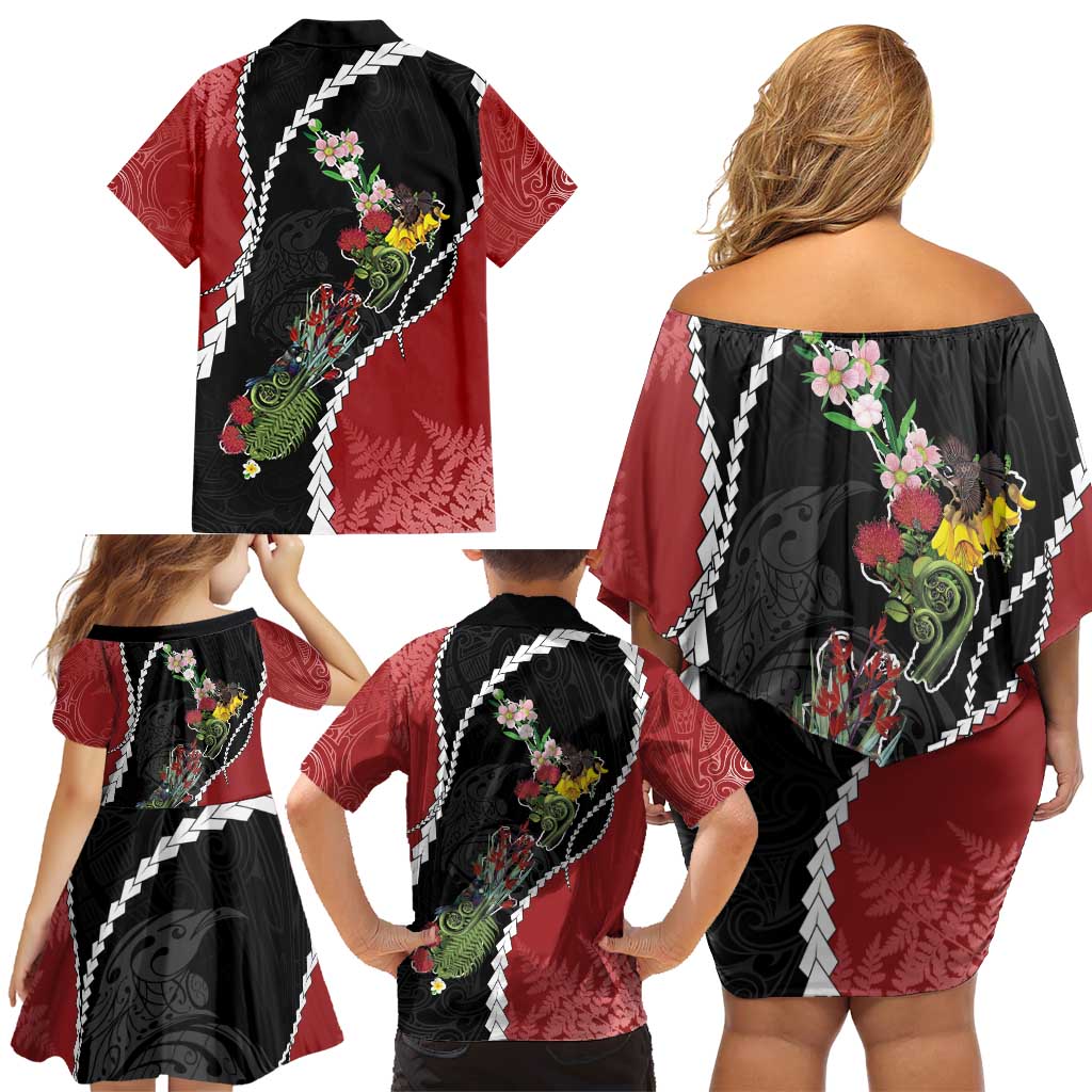 New Zealand Christmas Family Matching Off Shoulder Short Dress and Hawaiian Shirt Flora Map with Birds LT7 - Polynesian Pride