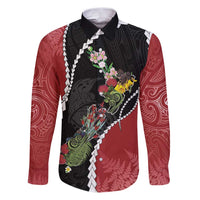 New Zealand Christmas Family Matching Puletasi and Hawaiian Shirt Flora Map with Birds LT7 Dad's Shirt - Long Sleeve Black - Polynesian Pride