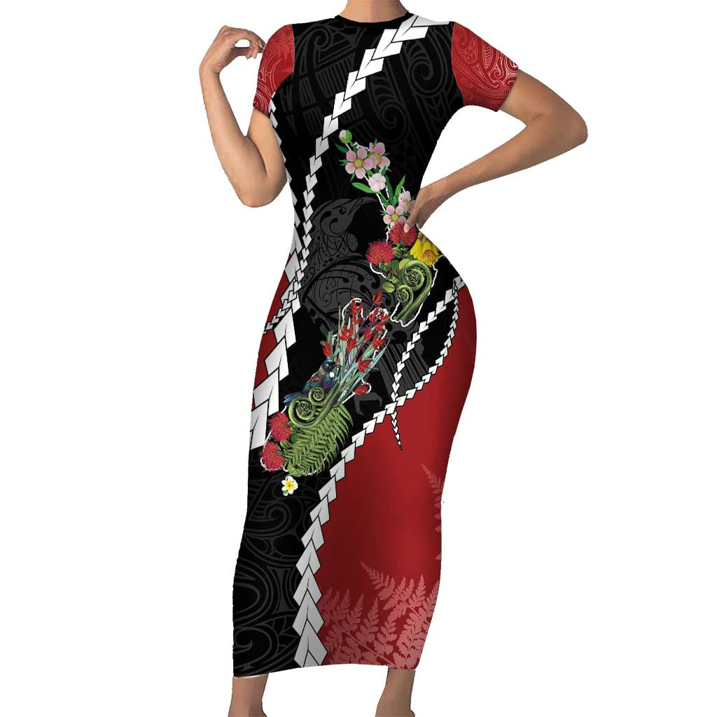 New Zealand Christmas Family Matching Short Sleeve Bodycon Dress and Hawaiian Shirt Flora Map with Birds LT7 Mom's Dress Black - Polynesian Pride