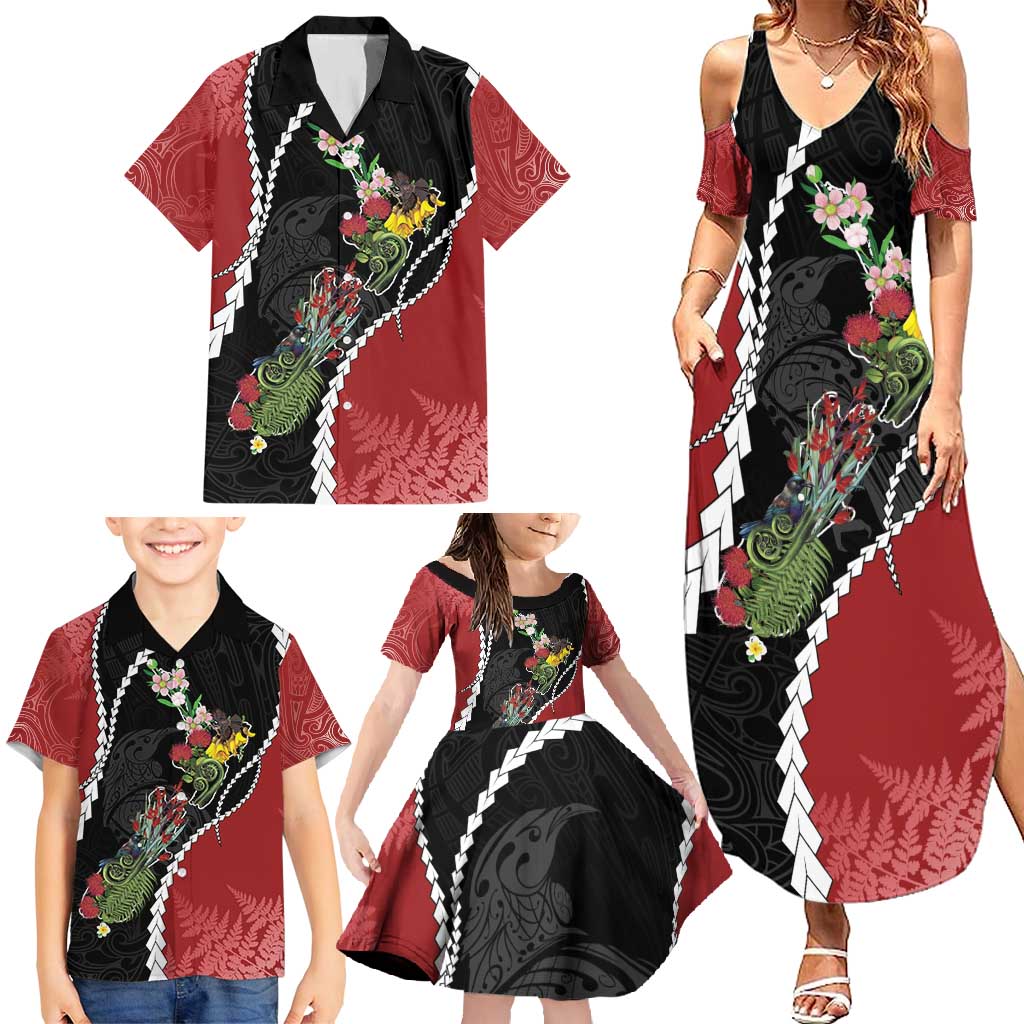 New Zealand Christmas Family Matching Summer Maxi Dress and Hawaiian Shirt Flora Map with Birds LT7 - Polynesian Pride