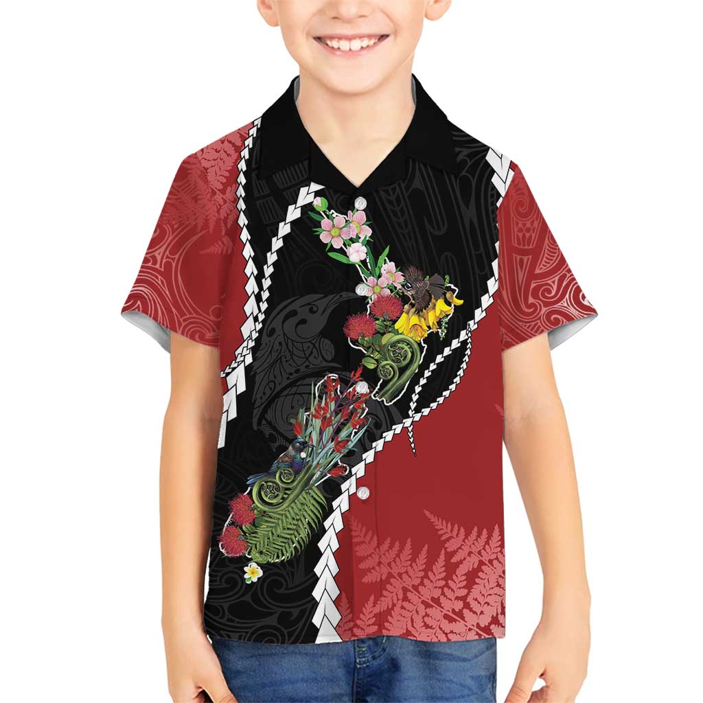 New Zealand Christmas Family Matching Summer Maxi Dress and Hawaiian Shirt Flora Map with Birds LT7 Son's Shirt Black - Polynesian Pride