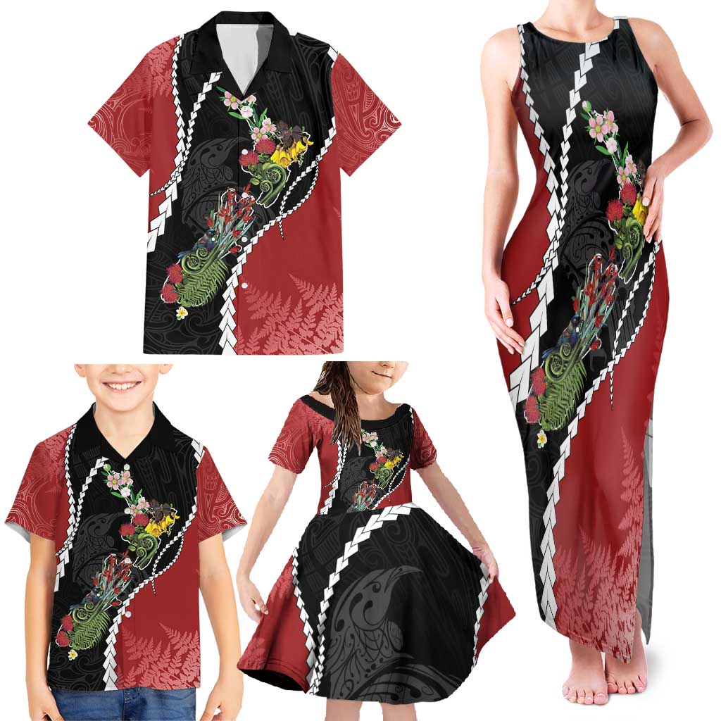 New Zealand Christmas Family Matching Tank Maxi Dress and Hawaiian Shirt Flora Map with Birds LT7 - Polynesian Pride