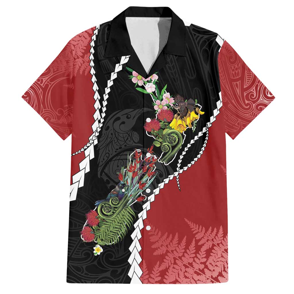 New Zealand Christmas Family Matching Tank Maxi Dress and Hawaiian Shirt Flora Map with Birds LT7 Dad's Shirt - Short Sleeve Black - Polynesian Pride