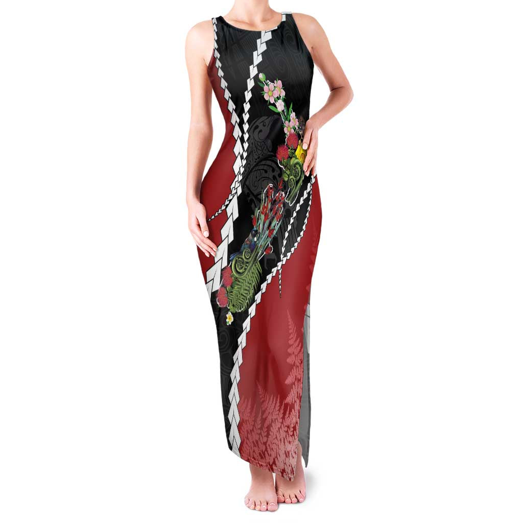New Zealand Christmas Family Matching Tank Maxi Dress and Hawaiian Shirt Flora Map with Birds LT7 Mom's Dress Black - Polynesian Pride