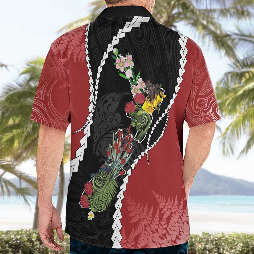 New Zealand Christmas Hawaiian Shirt Flora Map with Birds - Polynesian Pride