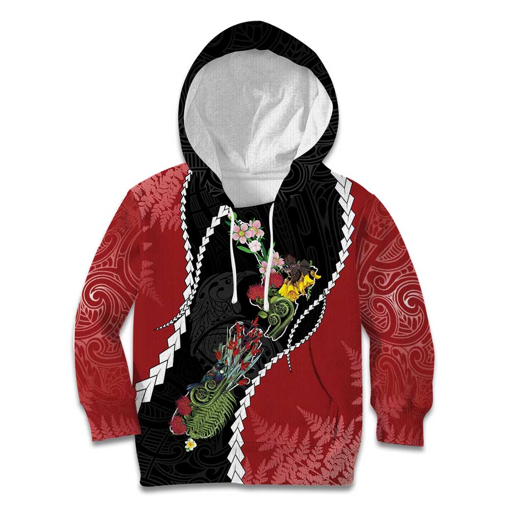 New Zealand Christmas Kid Hoodie Flora Map with Birds - Polynesian Pride