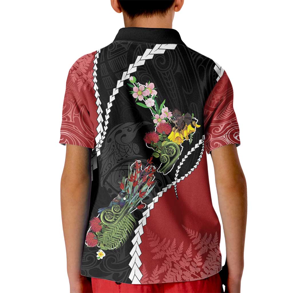 New Zealand Christmas Kid Polo Shirt Flora Map with Birds LT7 - Polynesian Pride