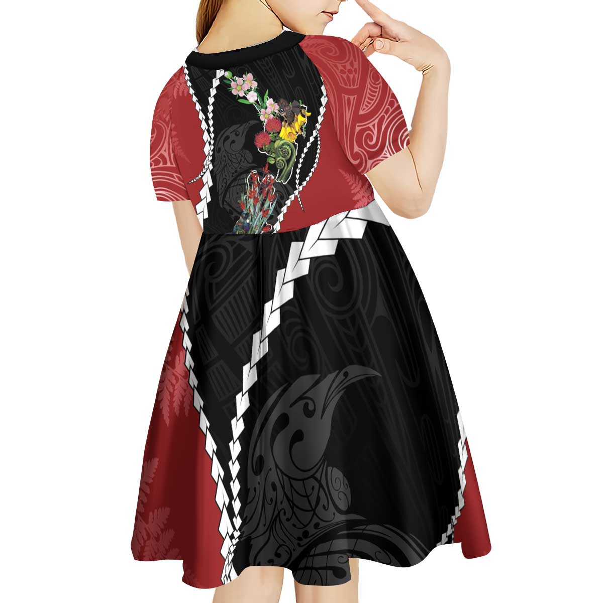 New Zealand Christmas Kid Short Sleeve Dress Flora Map with Birds - Polynesian Pride