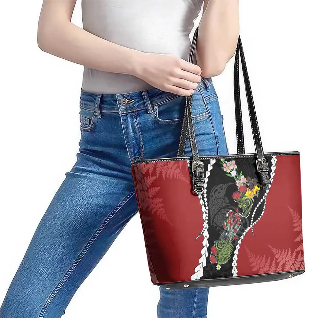 New Zealand Christmas Leather Tote Bag Flora Map with Birds - Polynesian Pride