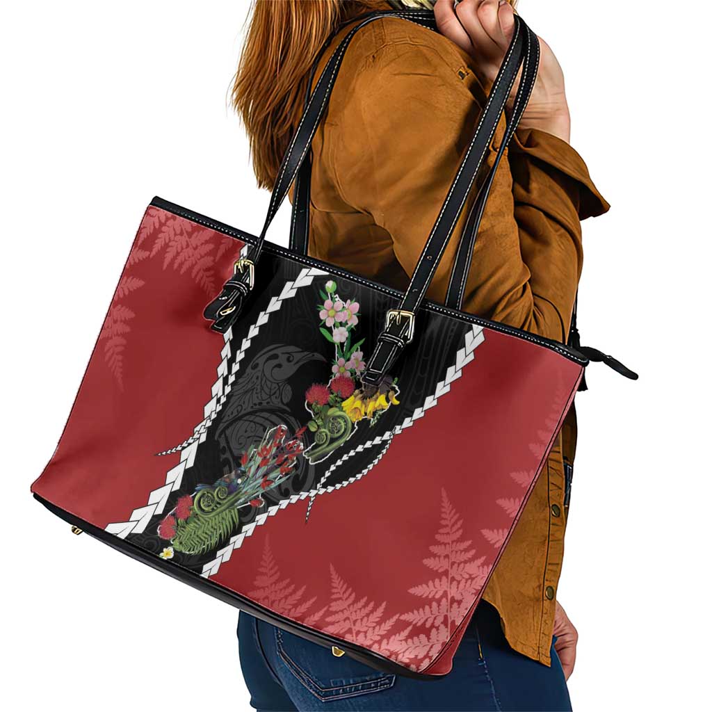 New Zealand Christmas Leather Tote Bag Flora Map with Birds - Polynesian Pride