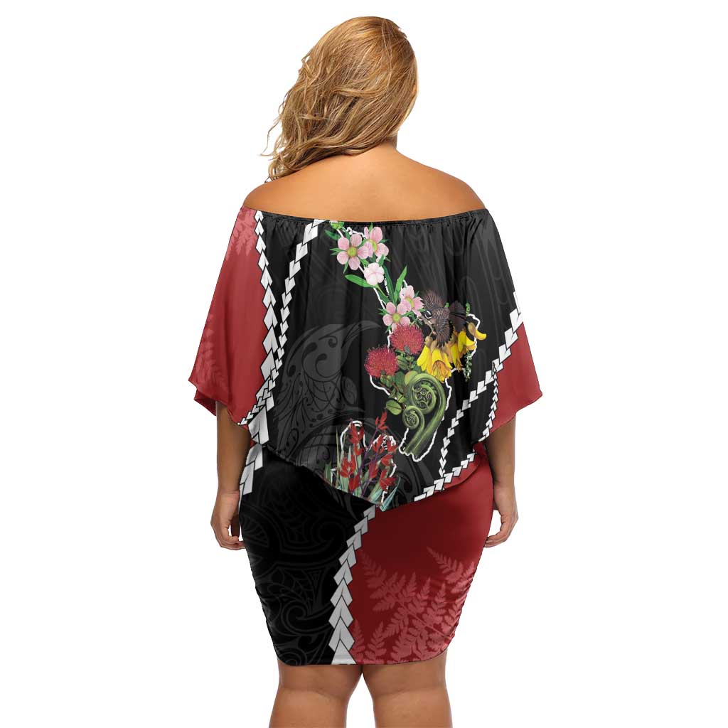 New Zealand Christmas Off Shoulder Short Dress Flora Map with Birds - Polynesian Pride