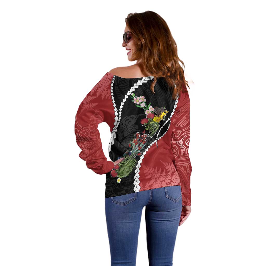 New Zealand Christmas Off Shoulder Sweater Flora Map with Birds - Polynesian Pride