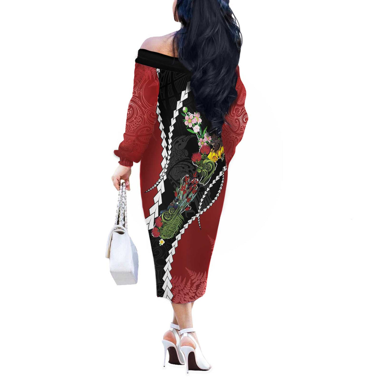 New Zealand Christmas Off The Shoulder Long Sleeve Dress Flora Map with Birds - Polynesian Pride
