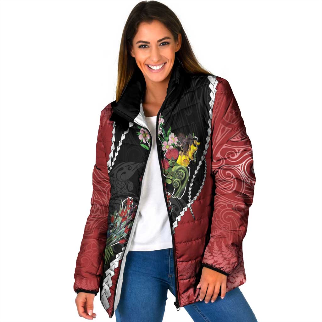 New Zealand Christmas Padded Jacket Flora Map with Birds - Polynesian Pride