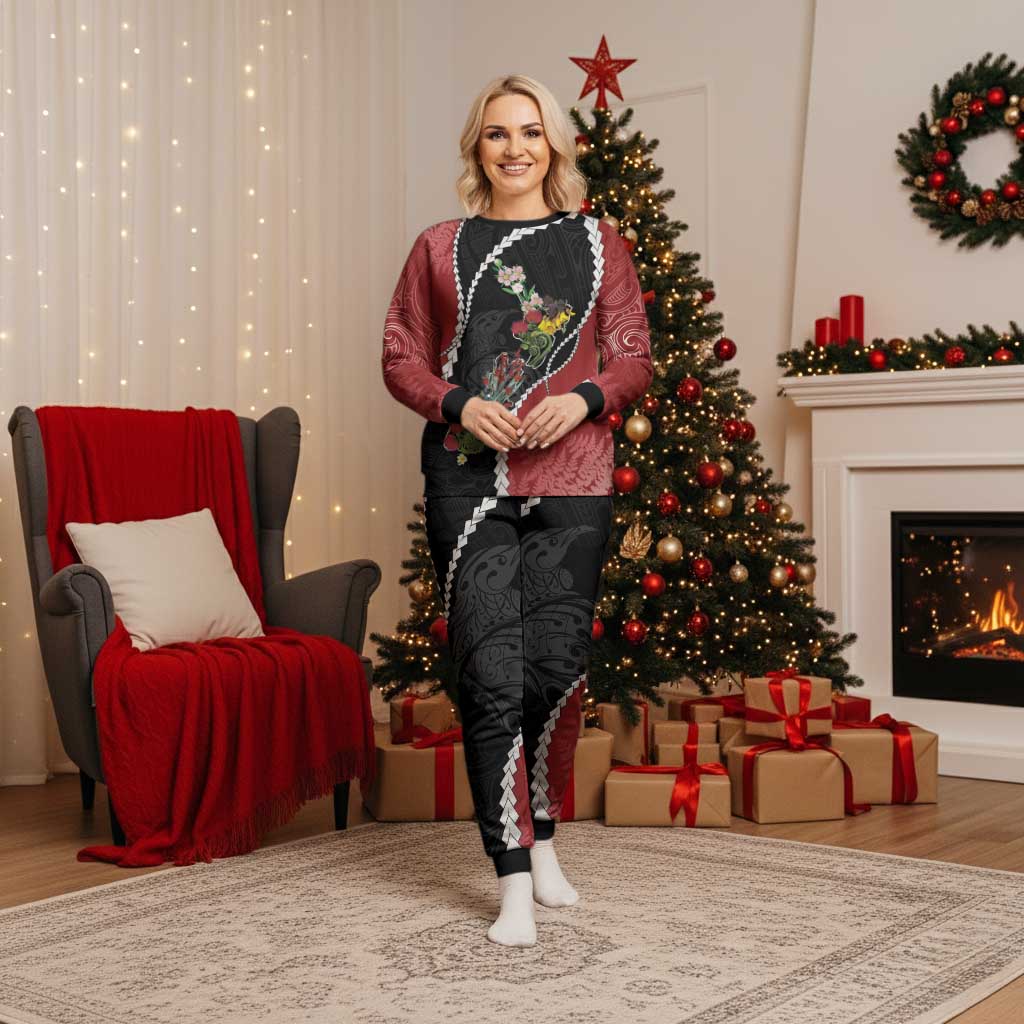New Zealand Christmas Pajama Set Flora Map with Birds - Polynesian Pride