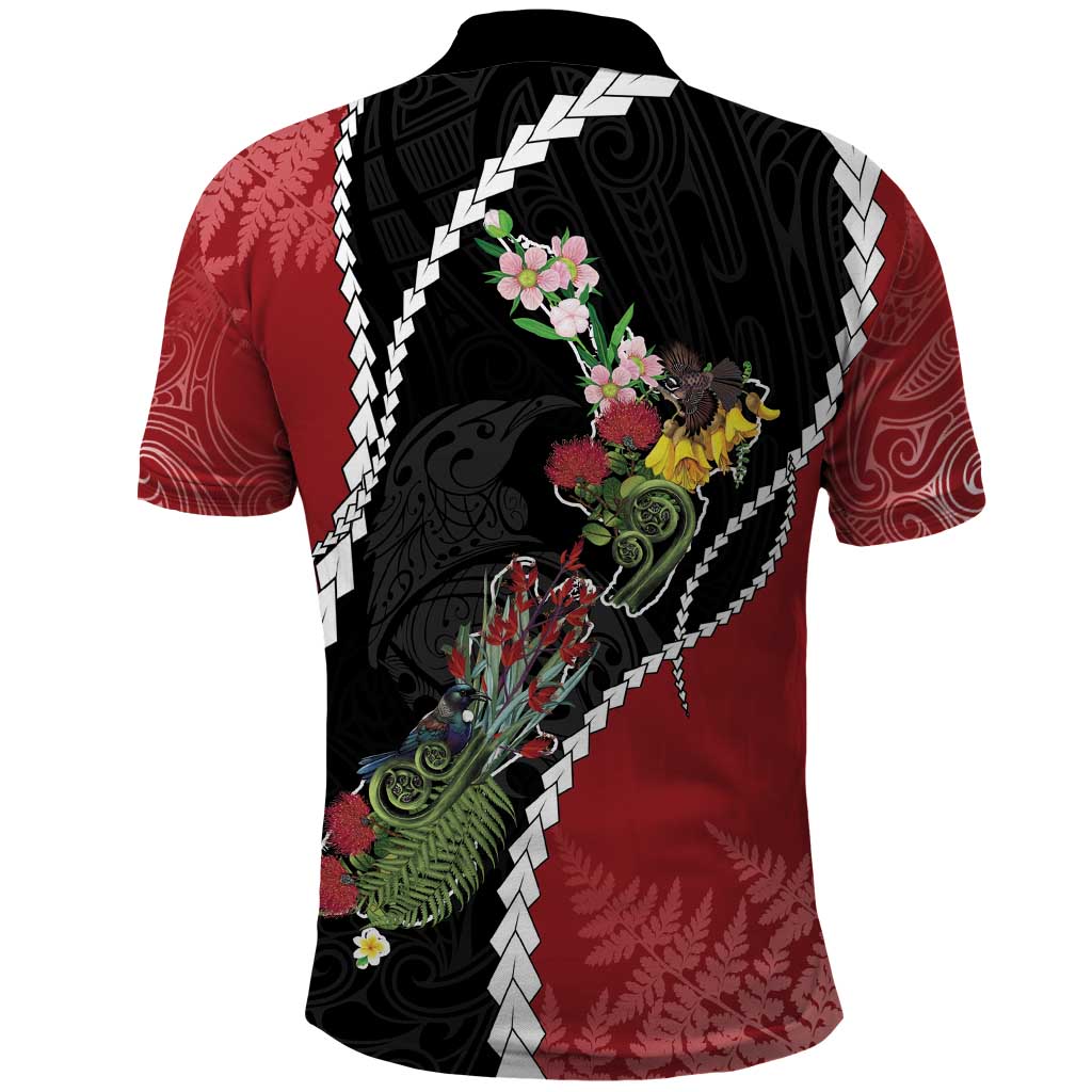 New Zealand Christmas Polo Shirt Flora Map with Birds - Polynesian Pride