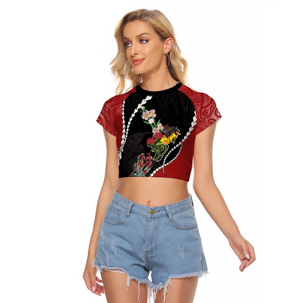 New Zealand Christmas Raglan Cropped T Shirt Flora Map with Birds LT7 Female Black - Polynesian Pride