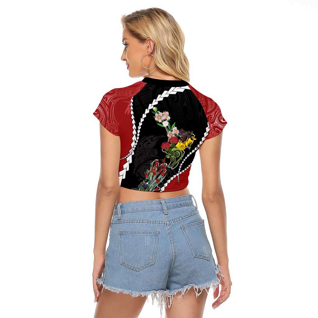 New Zealand Christmas Raglan Cropped T Shirt Flora Map with Birds LT7 - Polynesian Pride