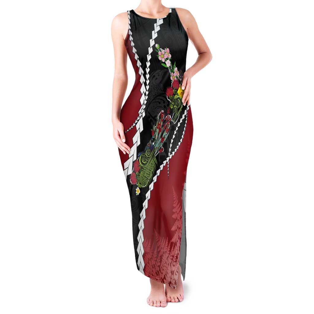 New Zealand Christmas Tank Maxi Dress Flora Map with Birds LT7 Women Black - Polynesian Pride