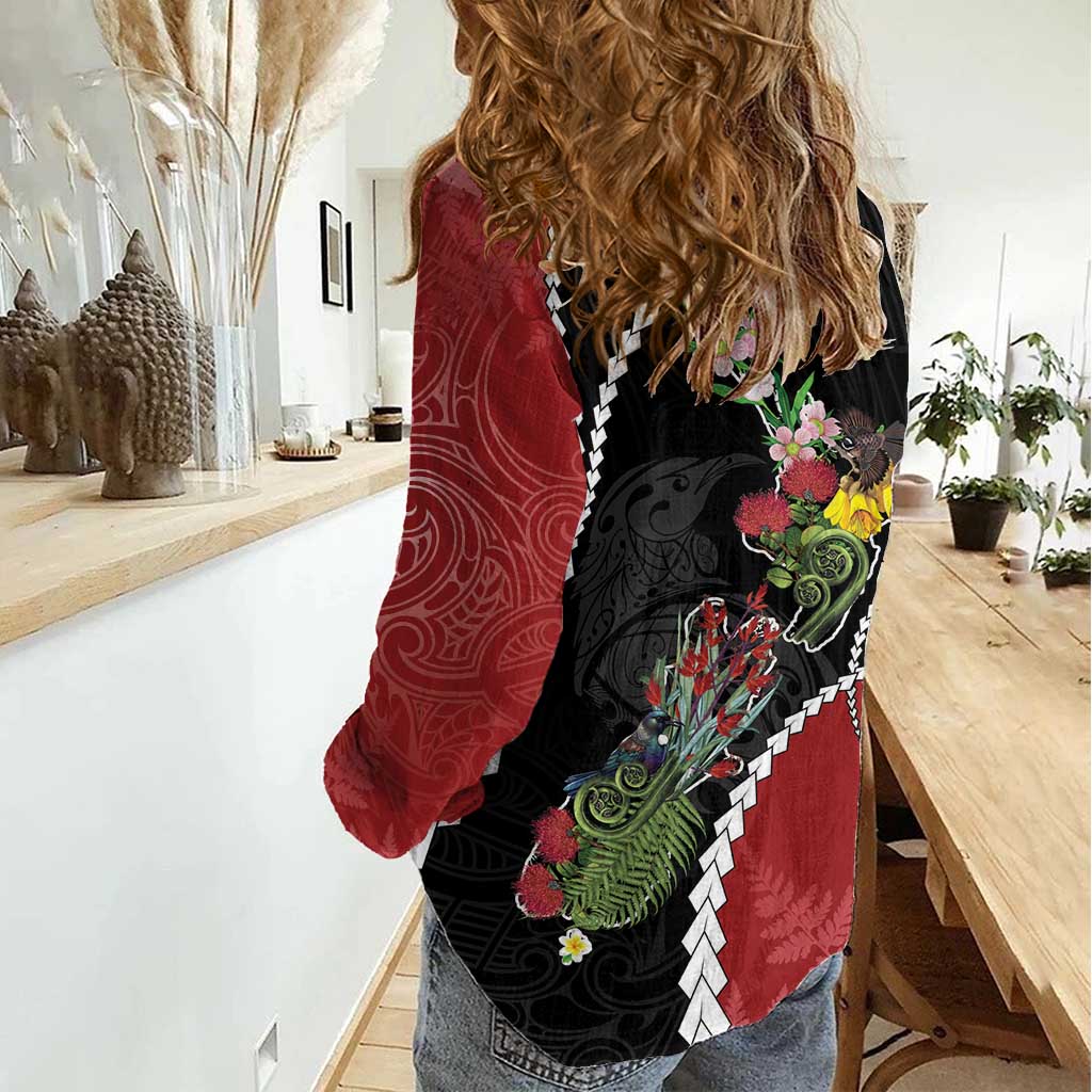 New Zealand Christmas Women Casual Shirt Flora Map with Birds - Polynesian Pride