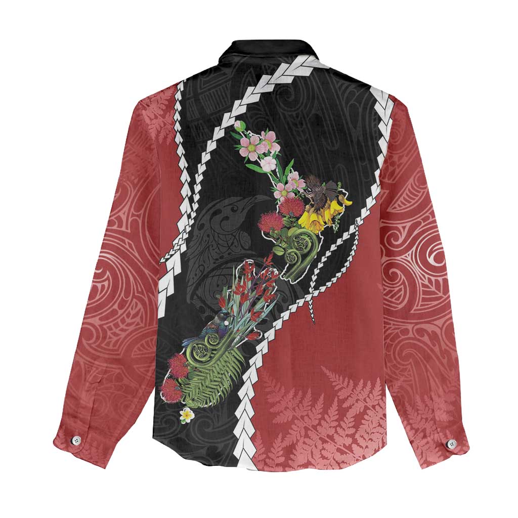 New Zealand Christmas Women Casual Shirt Flora Map with Birds - Polynesian Pride
