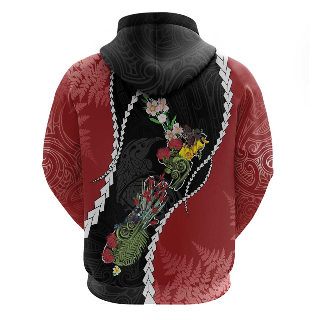 New Zealand Christmas Zip Hoodie Flora Map with Birds - Polynesian Pride