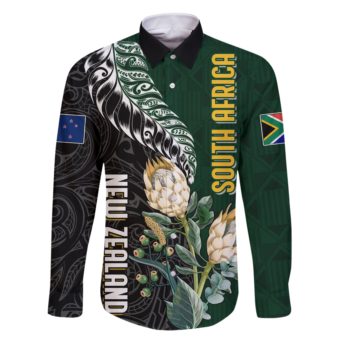 Custom South Africa Mix New Zealand Rugby 2023 Family Matching Off Shoulder Long Sleeve Dress and Hawaiian Shirt World Cup Greatest Rivalry LT7 Dad's Shirt - Long Sleeve Black Green - Polynesian Pride