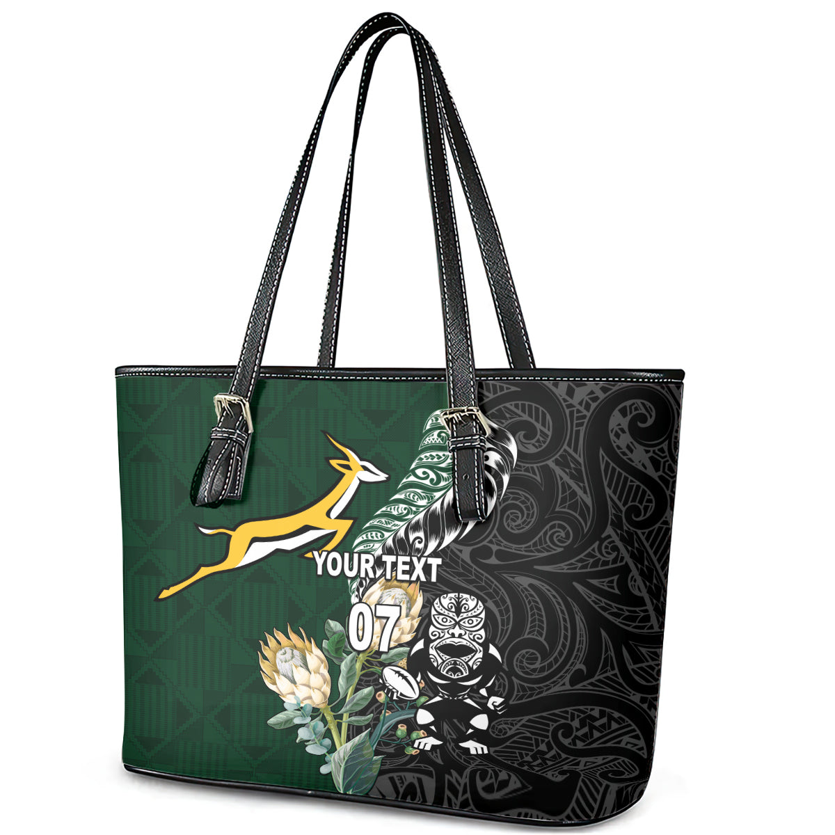 Custom South Africa Mix New Zealand Rugby 2023 Leather Tote Bag World Cup Greatest Rivalry LT7 - Polynesian Pride