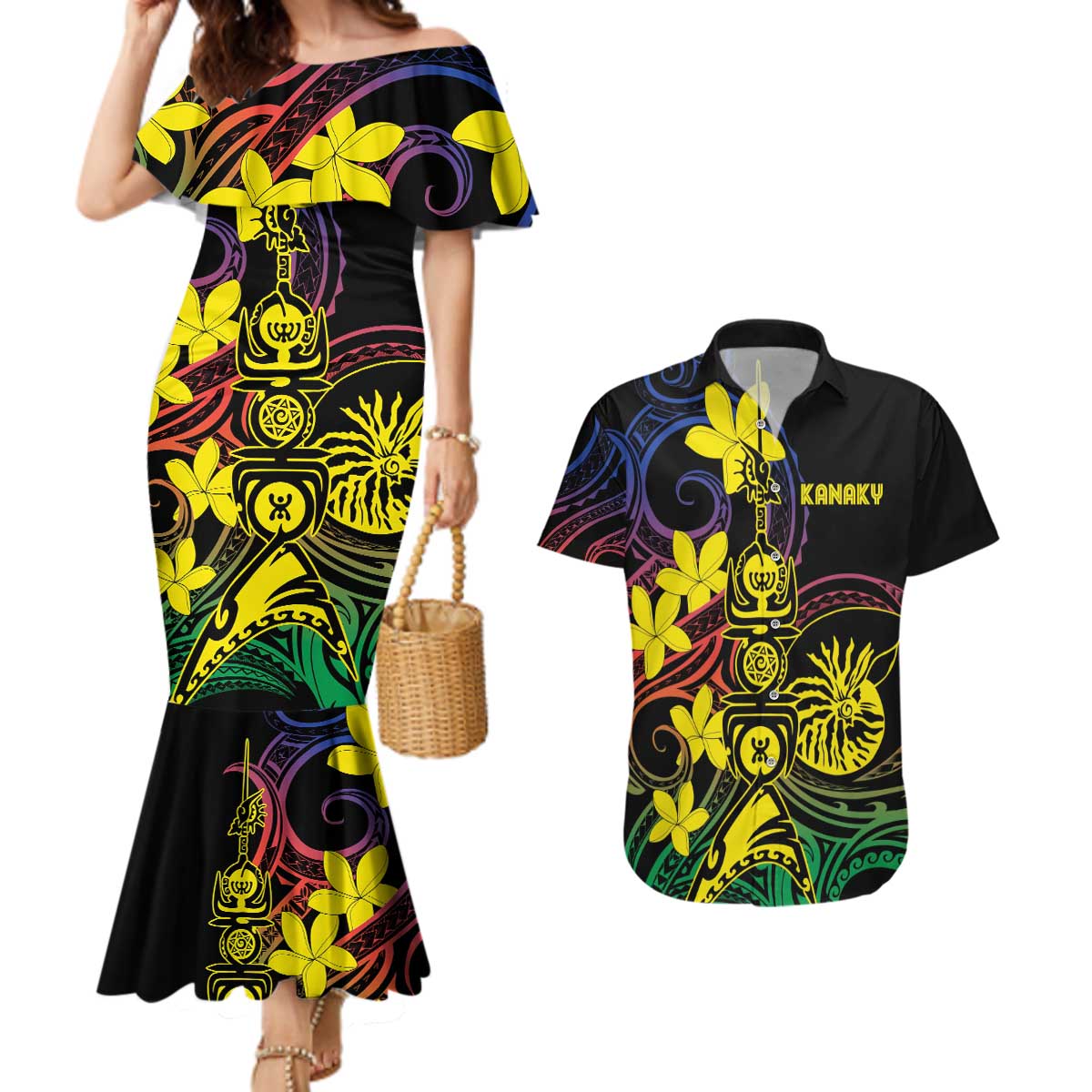 New Caledonia Kanaky Personalized Couples Matching Mermaid Dress and Hawaiian Shirt Fleche Faitiere - Plumeria LT7 Colorful - Polynesian Pride