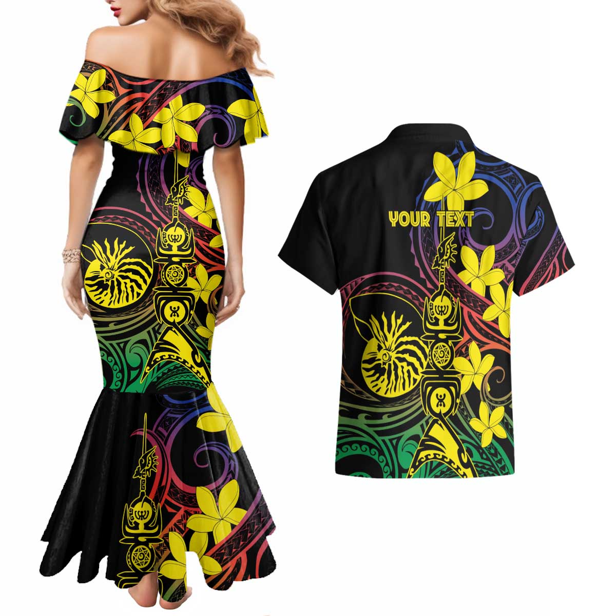 New Caledonia Kanaky Personalized Couples Matching Mermaid Dress and Hawaiian Shirt Fleche Faitiere - Plumeria LT7 - Polynesian Pride