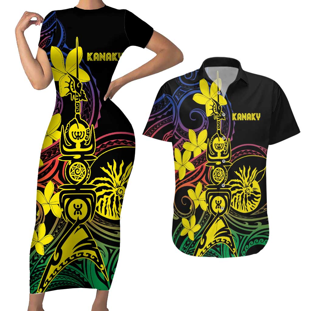 New Caledonia Kanaky Personalized Couples Matching Short Sleeve Bodycon Dress and Hawaiian Shirt Fleche Faitiere - Plumeria LT7 Colorful - Polynesian Pride