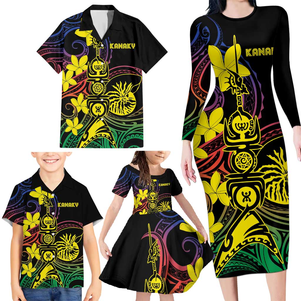 New Caledonia Kanaky Personalized Family Matching Long Sleeve Bodycon Dress and Hawaiian Shirt Fleche Faitiere - Plumeria LT7 - Polynesian Pride