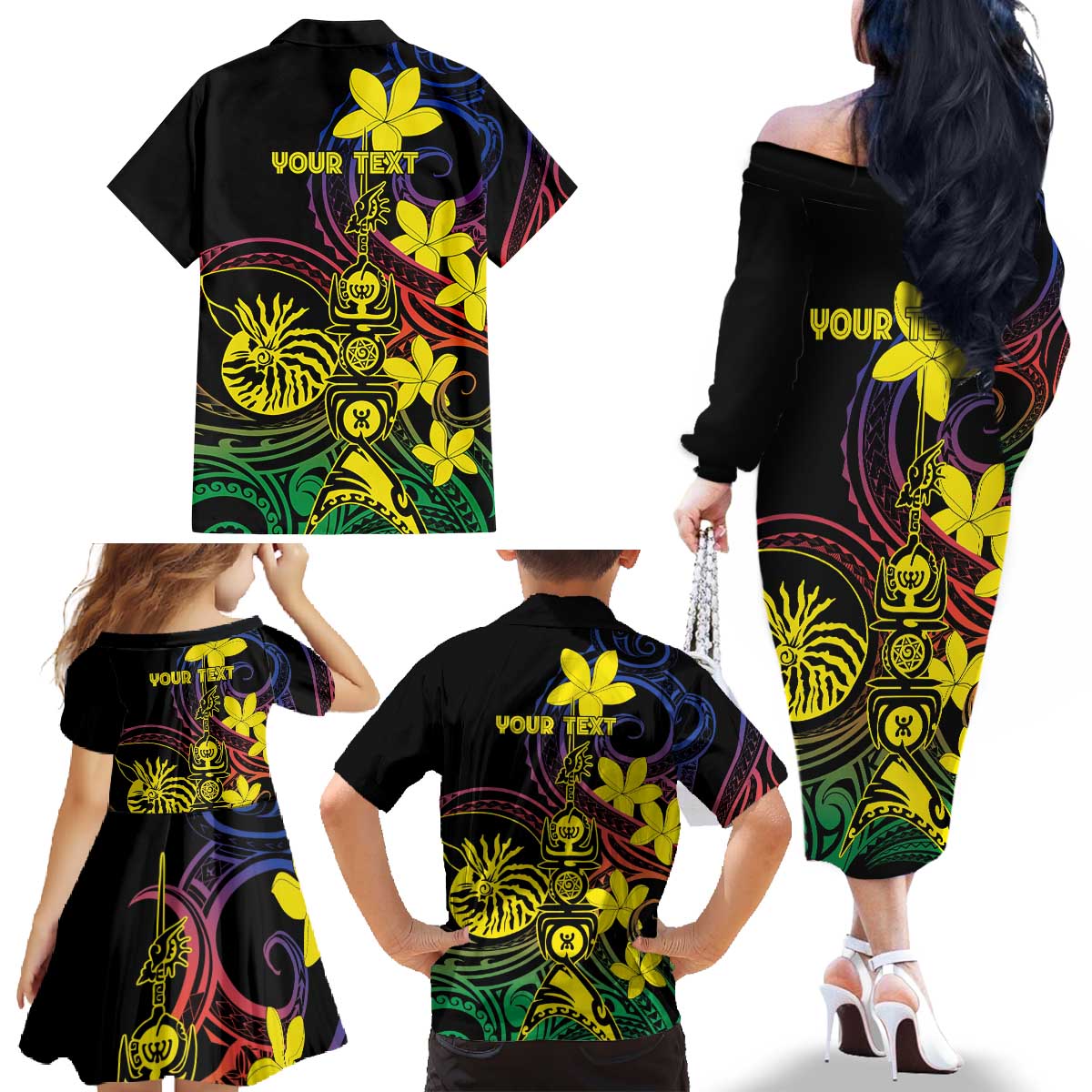 New Caledonia Kanaky Personalized Family Matching Off The Shoulder Long Sleeve Dress and Hawaiian Shirt Fleche Faitiere - Plumeria LT7 - Polynesian Pride