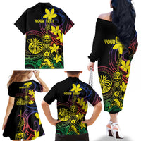 New Caledonia Kanaky Personalized Family Matching Off The Shoulder Long Sleeve Dress and Hawaiian Shirt Fleche Faitiere - Plumeria LT7 - Polynesian Pride