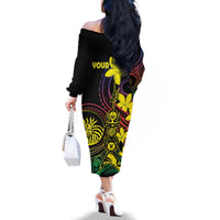 New Caledonia Kanaky Personalized Family Matching Off The Shoulder Long Sleeve Dress and Hawaiian Shirt Fleche Faitiere - Plumeria LT7 - Polynesian Pride