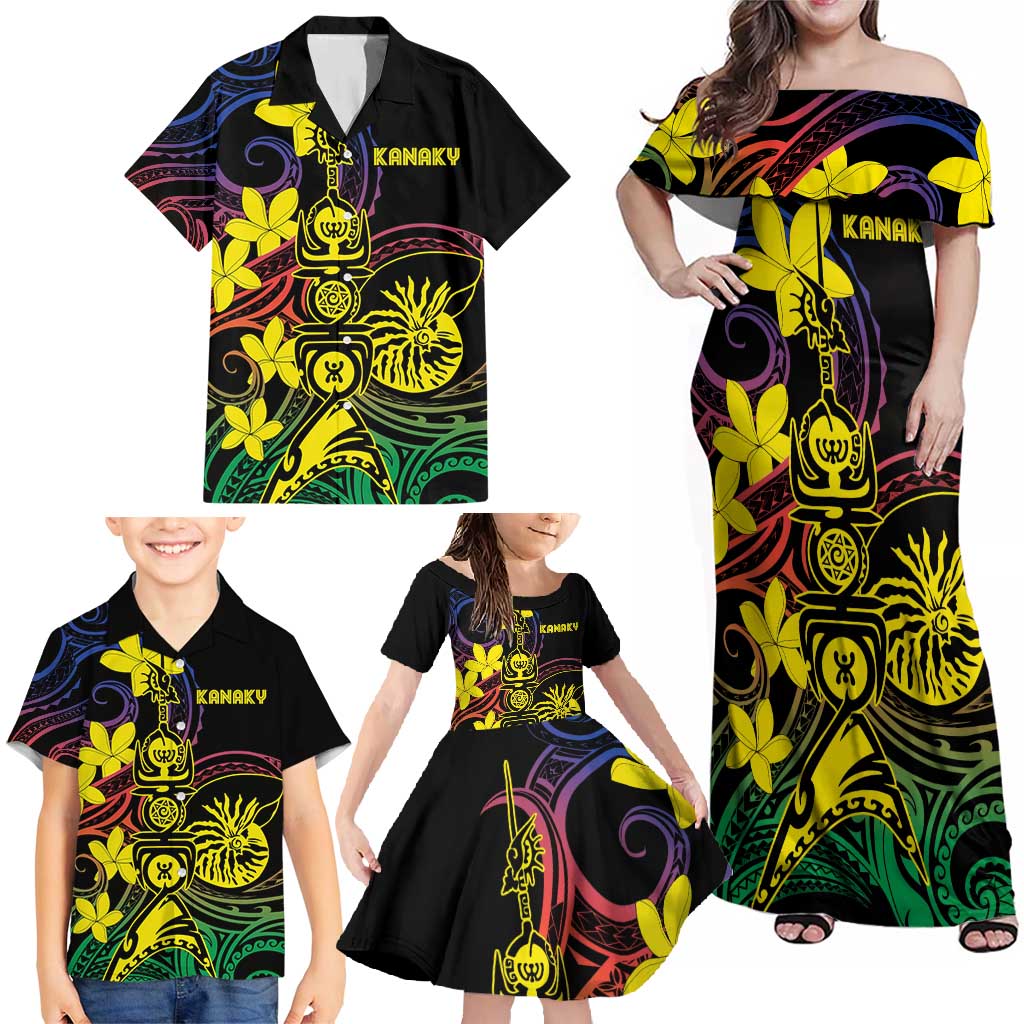 New Caledonia Kanaky Personalized Family Matching Off Shoulder Maxi Dress and Hawaiian Shirt Fleche Faitiere - Plumeria LT7 - Polynesian Pride