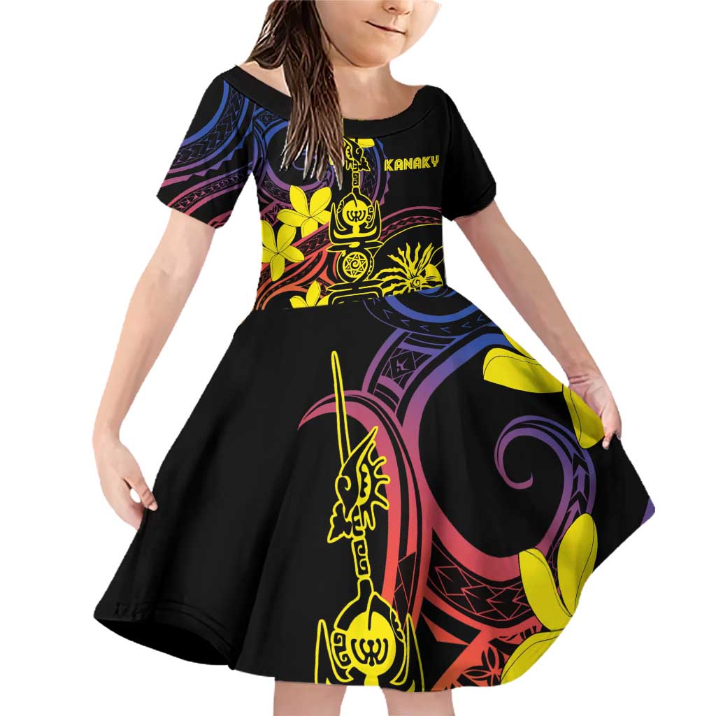 New Caledonia Kanaky Personalized Family Matching Off Shoulder Short Dress and Hawaiian Shirt Fleche Faitiere - Plumeria LT7 Daughter's Dress Colorful - Polynesian Pride