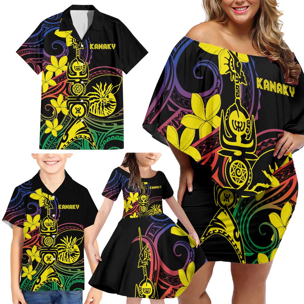 New Caledonia Kanaky Personalized Family Matching Off Shoulder Short Dress and Hawaiian Shirt Fleche Faitiere - Plumeria LT7 - Polynesian Pride