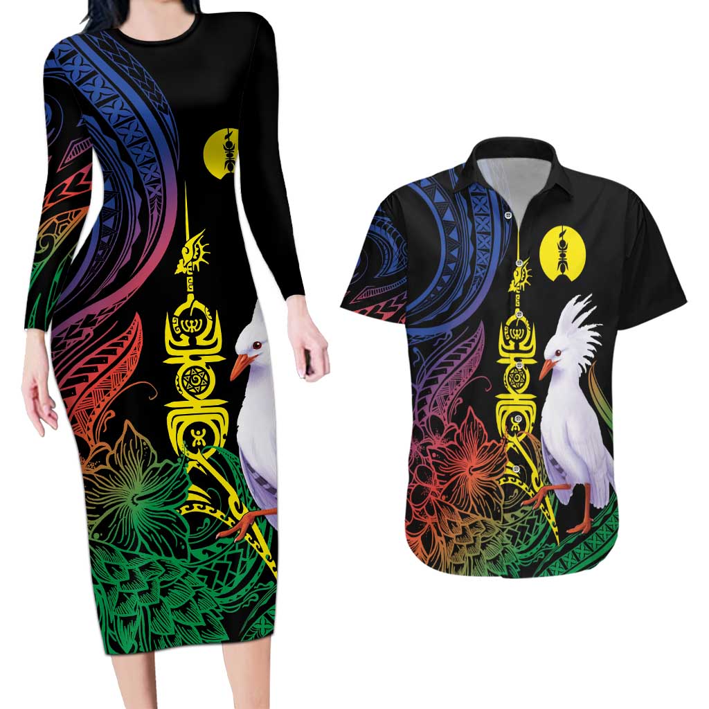 New Caledonia Kanaky Personalized Couples Matching Long Sleeve Bodycon Dress and Hawaiian Shirt Fleche Faitiere Mix Kagu LT7 Colorful - Polynesian Pride