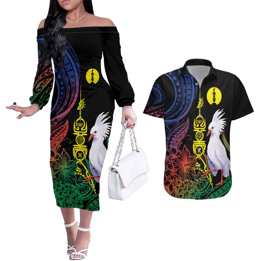 New Caledonia Kanaky Personalized Couples Matching Off The Shoulder Long Sleeve Dress and Hawaiian Shirt Fleche Faitiere Mix Kagu LT7 Colorful - Polynesian Pride