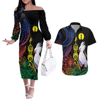 New Caledonia Kanaky Personalized Couples Matching Off The Shoulder Long Sleeve Dress and Hawaiian Shirt Fleche Faitiere Mix Kagu LT7 Colorful - Polynesian Pride