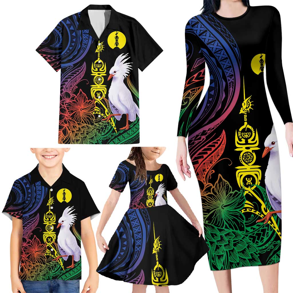 New Caledonia Kanaky Personalized Family Matching Long Sleeve Bodycon Dress and Hawaiian Shirt Fleche Faitiere Mix Kagu LT7 - Polynesian Pride