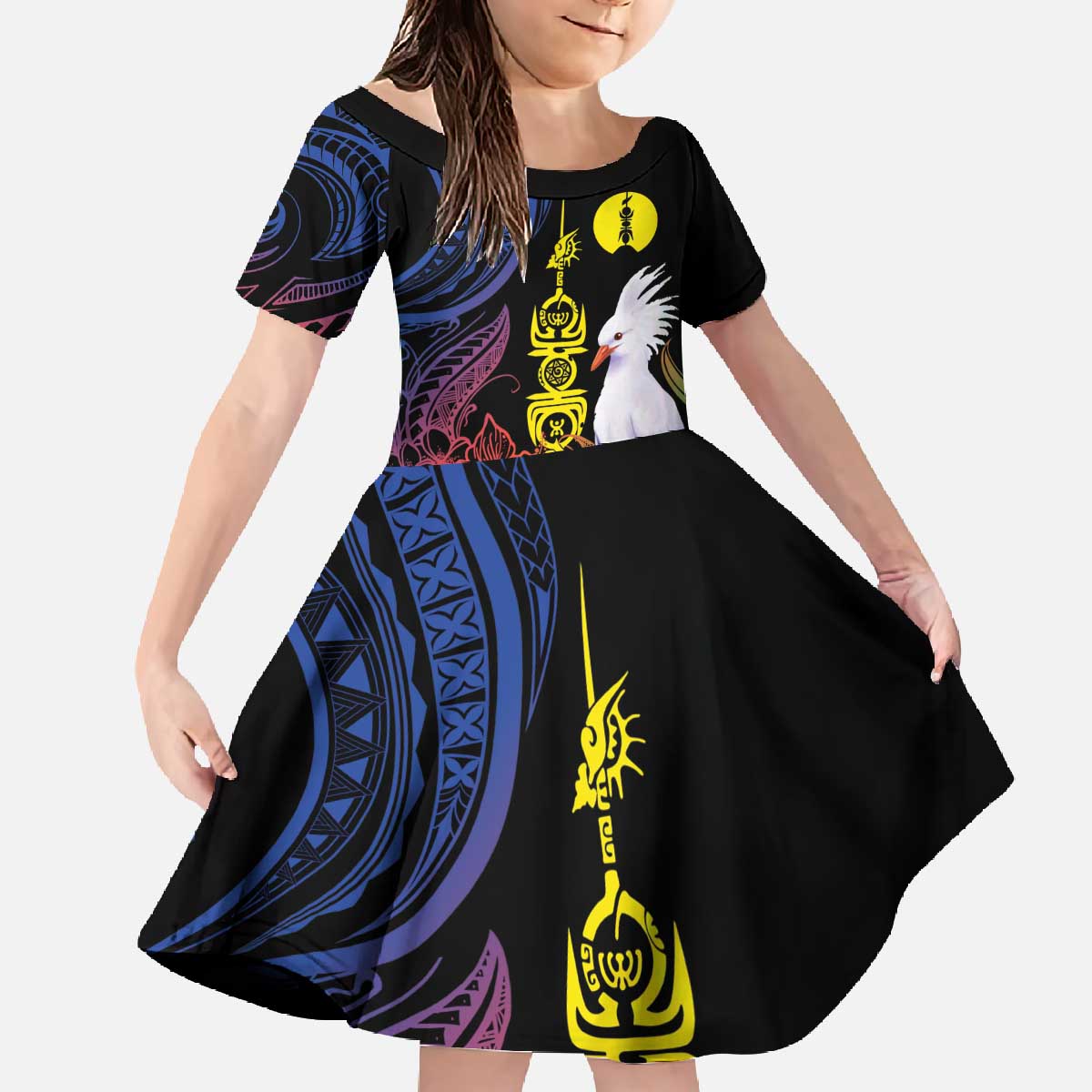 New Caledonia Kanaky Personalized Family Matching Off The Shoulder Long Sleeve Dress and Hawaiian Shirt Fleche Faitiere Mix Kagu LT7 Daughter's Dress Colorful - Polynesian Pride